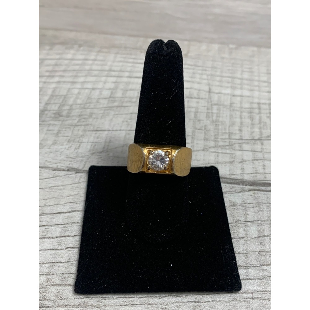 Vintage Gold Tone Brushed‎ Signet Ring Round Cubic Zirconia Size 9.5 Mens Style